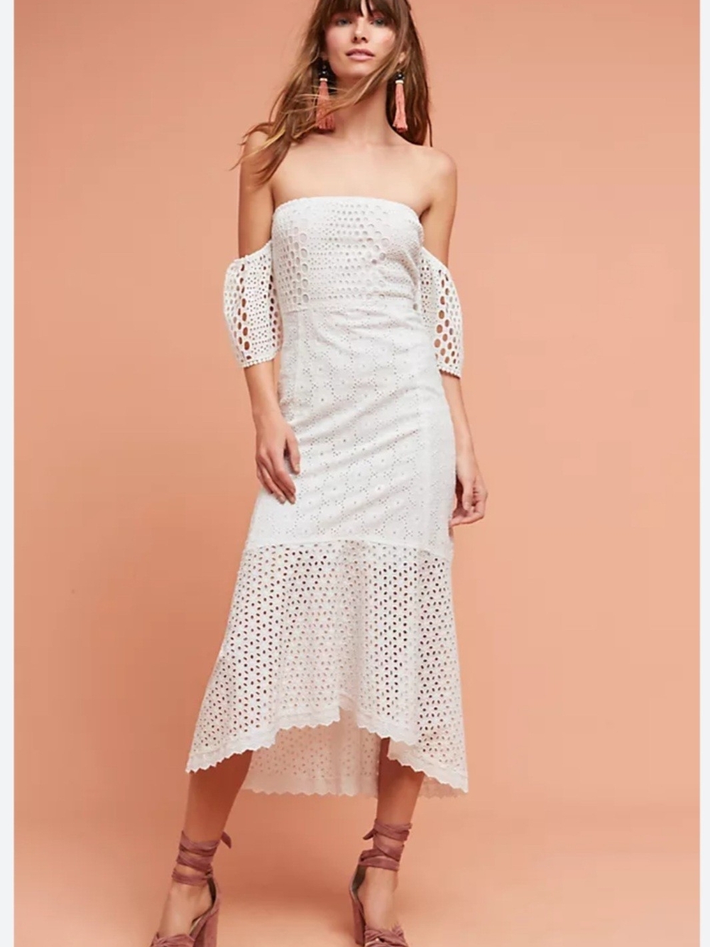 Farm Rio.Off-Shoulder White Eyelet Midi Dress